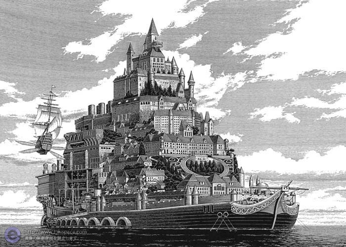 艦船城 スクラッチイラストと細密な線画と帆船と城とscraper Boardのイラスト イラストレーター検索 Illustrator E Space