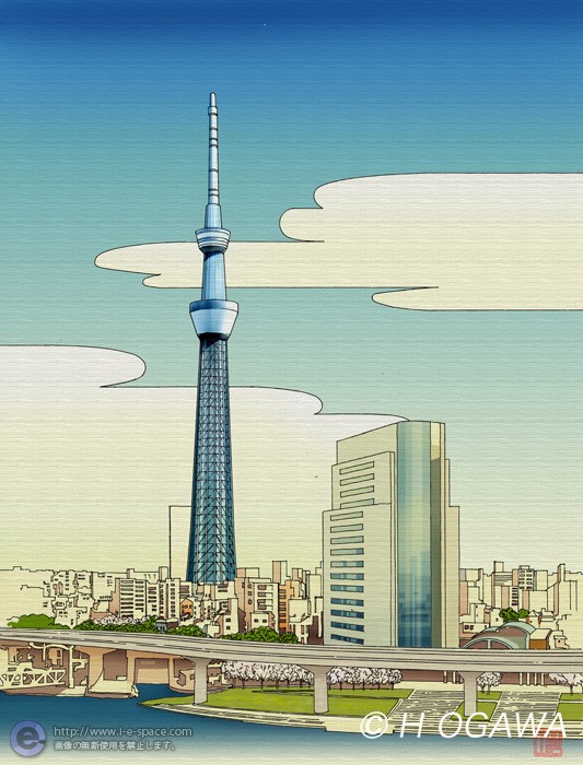 スカイツリー ペン画 浮世絵と風景とペン画と隅田川と東京のイラスト イラストレーター検索 Illustrator E Space