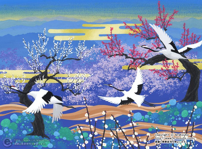東雲 新春と日の出と和風とタンチョウと紅白梅のイラスト イラストレーター検索 Illustrator E Space