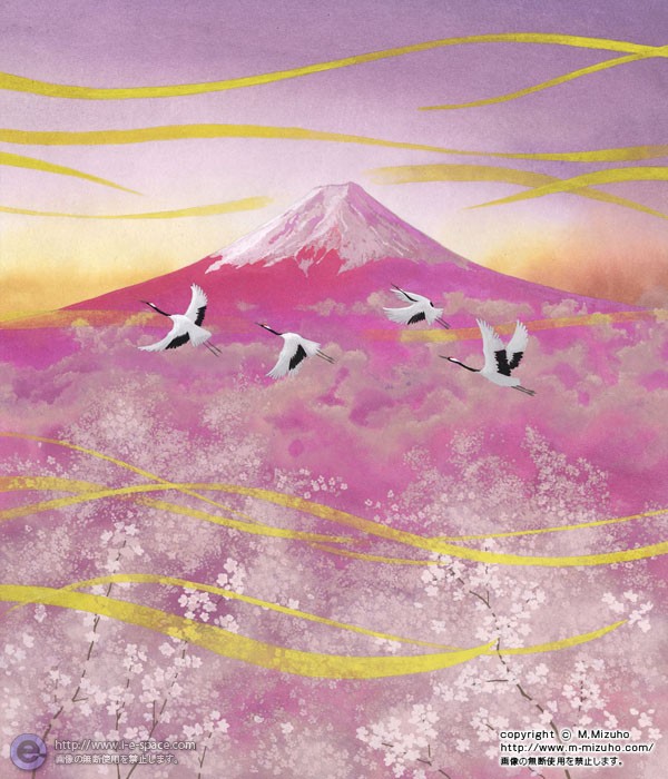 赤富士と桜 富士山と桜と和風とタンチョウと和風景のイラスト イラストレーター検索 Illustrator E Space