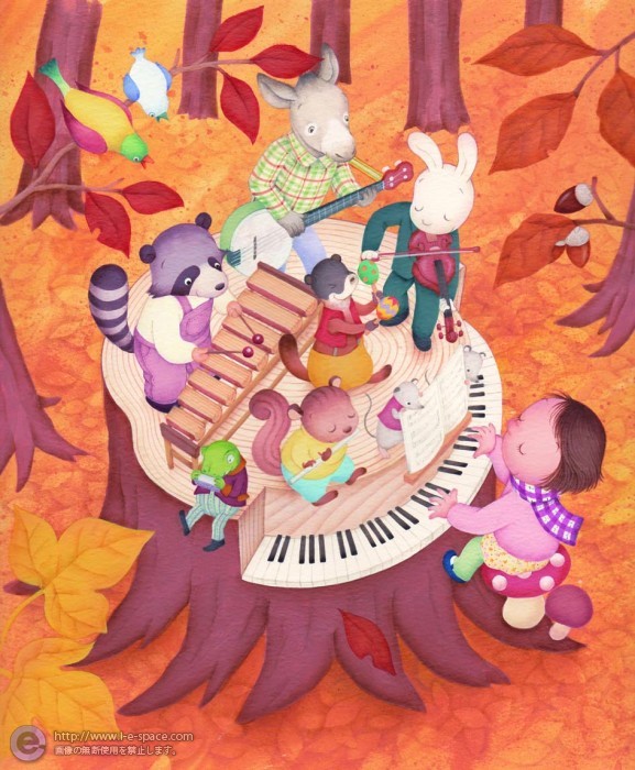 森の音楽会 | 秋と音楽と動物と絵本のイラスト | イラストレーター検索 ...
