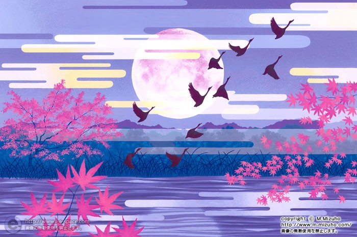 月光の薄紅葉 和風とモミジと紅葉と雁と和風景のイラスト イラストレーター検索 Illustrator E Space