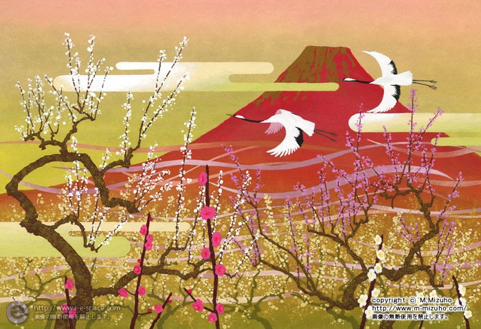 赤富士 富士山と和風とタンチョウと和紙と和風景のイラスト イラストレーター検索 Illustrator E Space