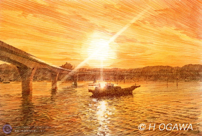 帰帆橋、色鉛筆画 | 海と風景とレトロと夕陽と色鉛筆のイラスト 