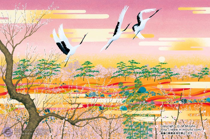 梅霞 日の出と梅と和風とタンチョウと和風景のイラスト イラストレーター検索 Illustrator E Space