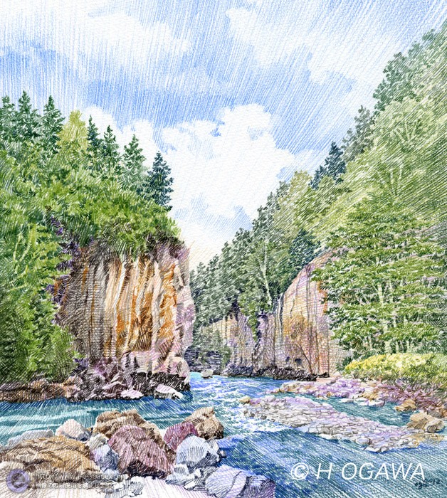 層雲峡 色鉛筆画 風景と自然と川と色鉛筆と溪谷のイラスト イラストレーター検索 Illustrator E Space