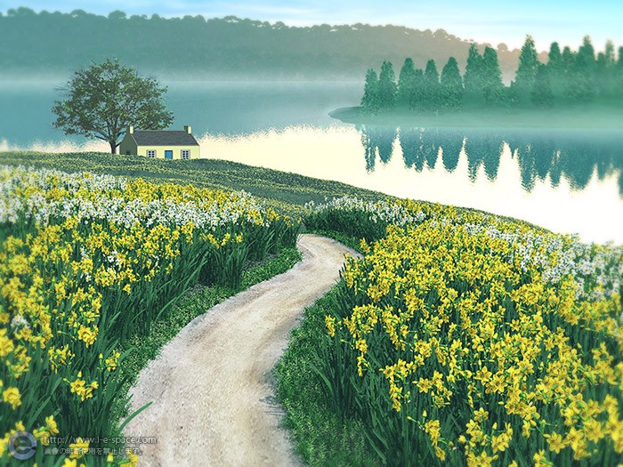 明日に向かう道 3dcgとリアルイラストと湖と水仙と水仙の風景のイラスト イラストレーター検索 Illustrator E Space