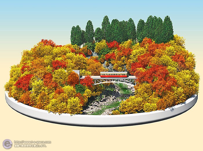 盆景 秋 3dcgとリアルイラストと紅葉と電車陸橋とジオラマ風cgのイラスト イラストレーター検索 Illustrator E Space